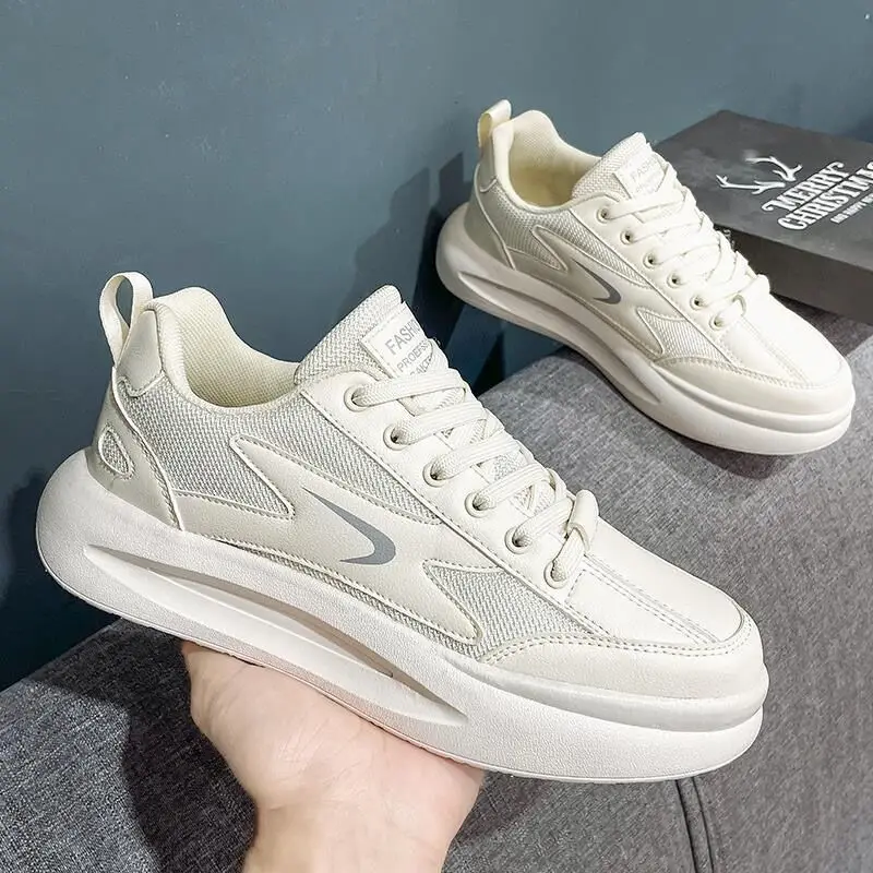 Mens Breathable Canvas Sneakers Autumn White Platform Shoes Youth Students Comfort Cushioned Non-Slip Casual Daily Walking Shoes