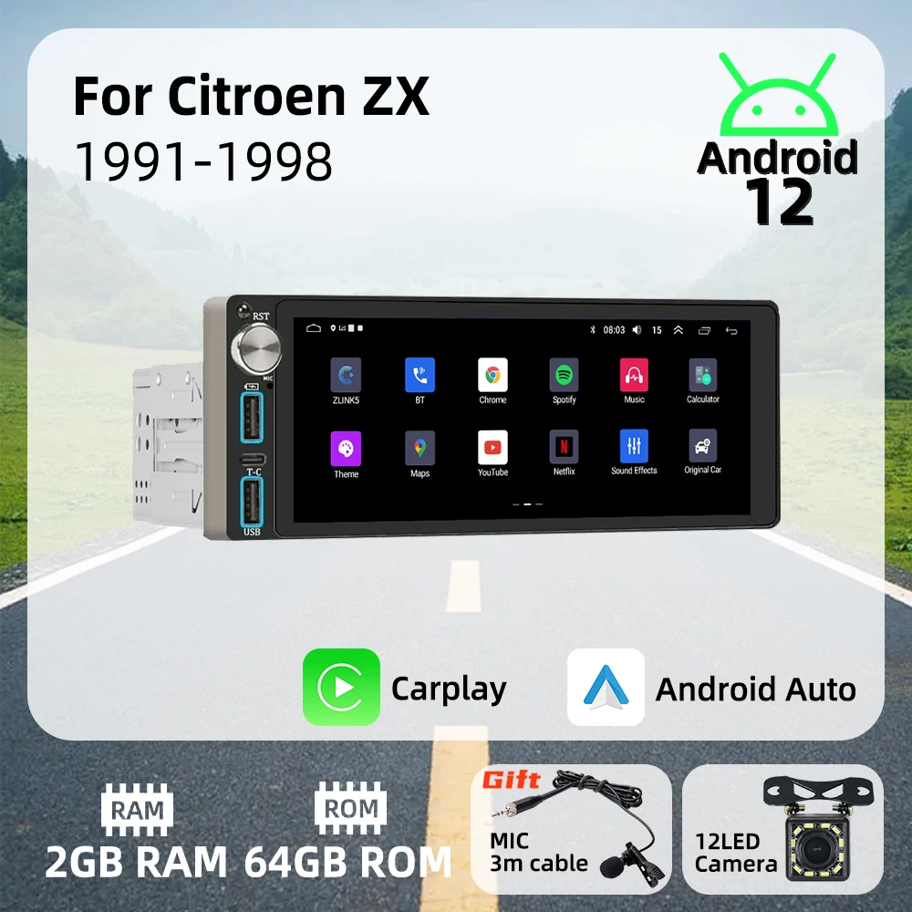 

Wireless Carplay Autoradio 6.86" 1Din Radio Android Car Multimedia for Citroen ZX 1991-1998 Stereo Head Unit GPS Navigation Wifi