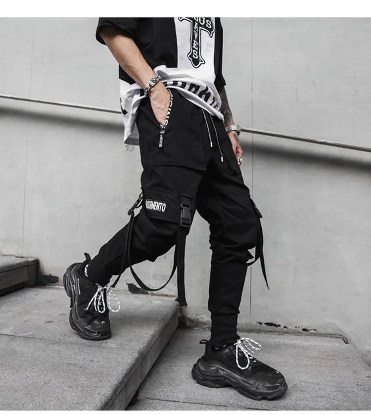 

Classic Streetwear Hip Hop Joggers Men Letter Ribbons Cargo Pants Pockets Track Tactical Casual Male Trousers Sweatpant K101