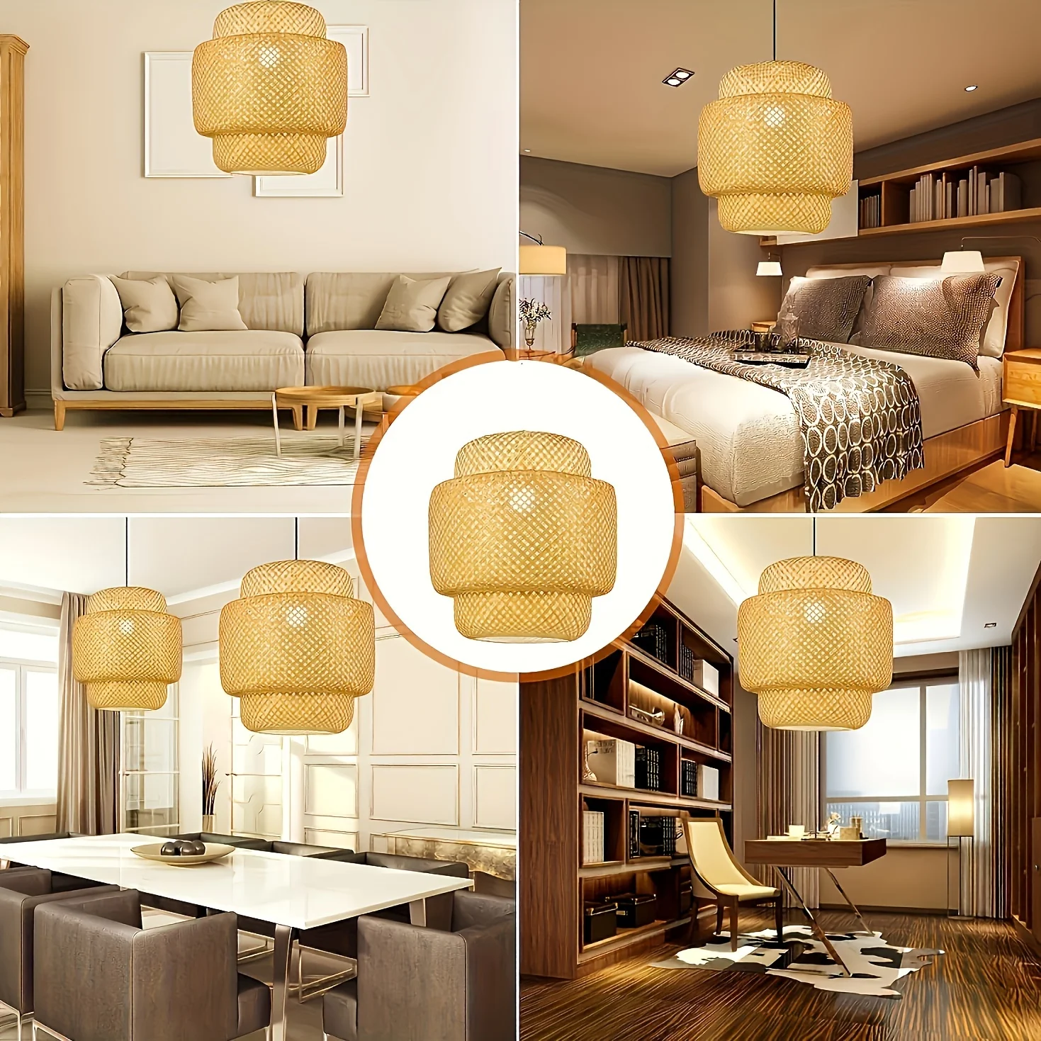 Modern Living Dining Room Pendant Light Wicker Woven Lighting Fixture Hand Woven Rattan Lantern Pendant Light for Kitchen Island