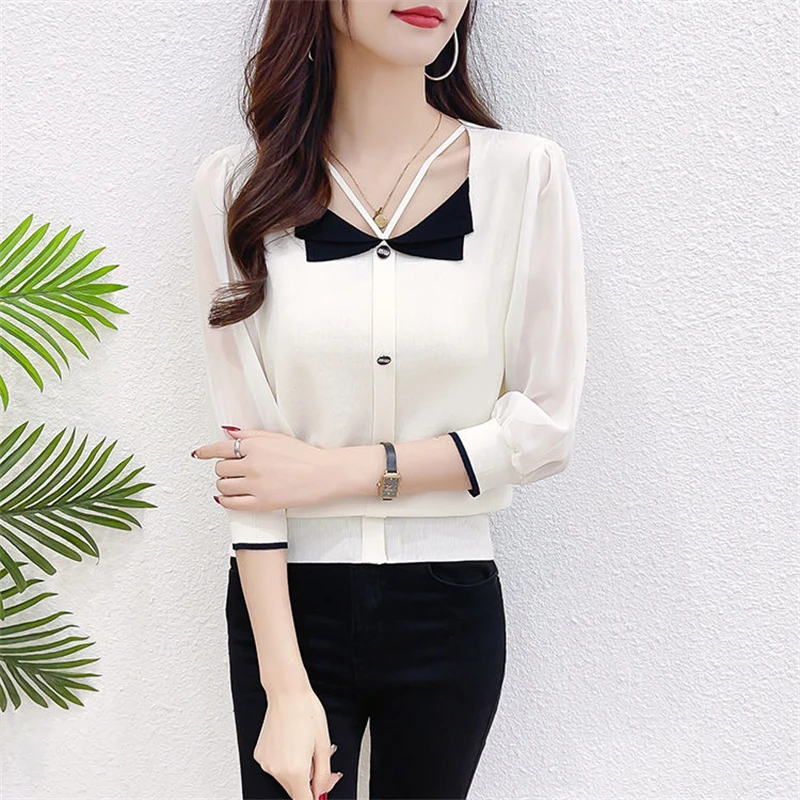 Women Clothing Fashion Contrast Color Elegant Chic Ice Silk Knitwears Female Korean V Neck Hollow 3/4 Sleeve Slim Pullover Tops