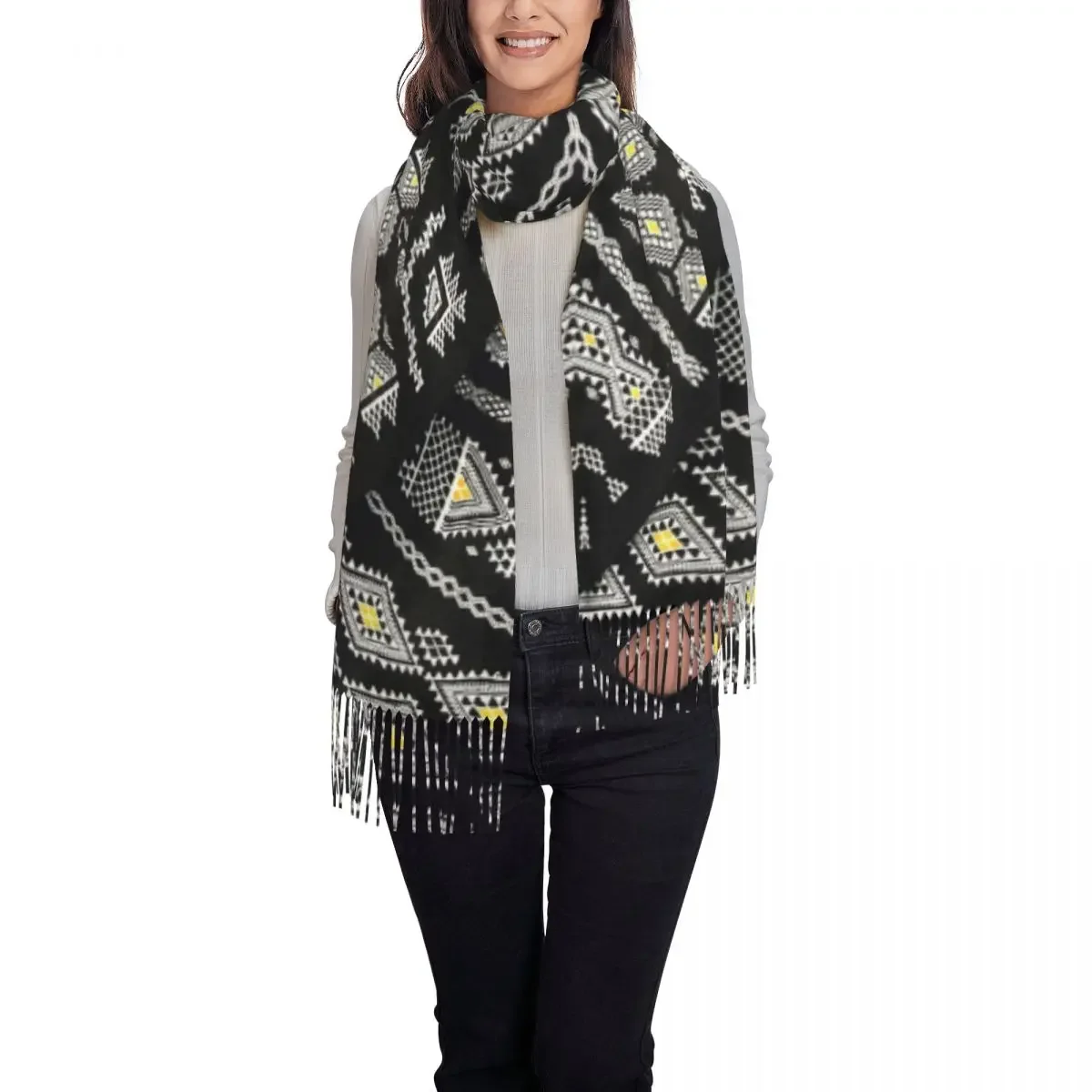 Stylish Kabyl Amazigh Carpet Tassel Scarf Women Winter Fall Warm Shawl Wrap Lady Africa Berber Ethnic Geometric Scarves