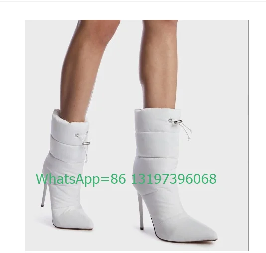 Lady white warm puffer heel boots Trendy Outfits calf boots causal comfort pointed toe boots winter daily new arrive boots size