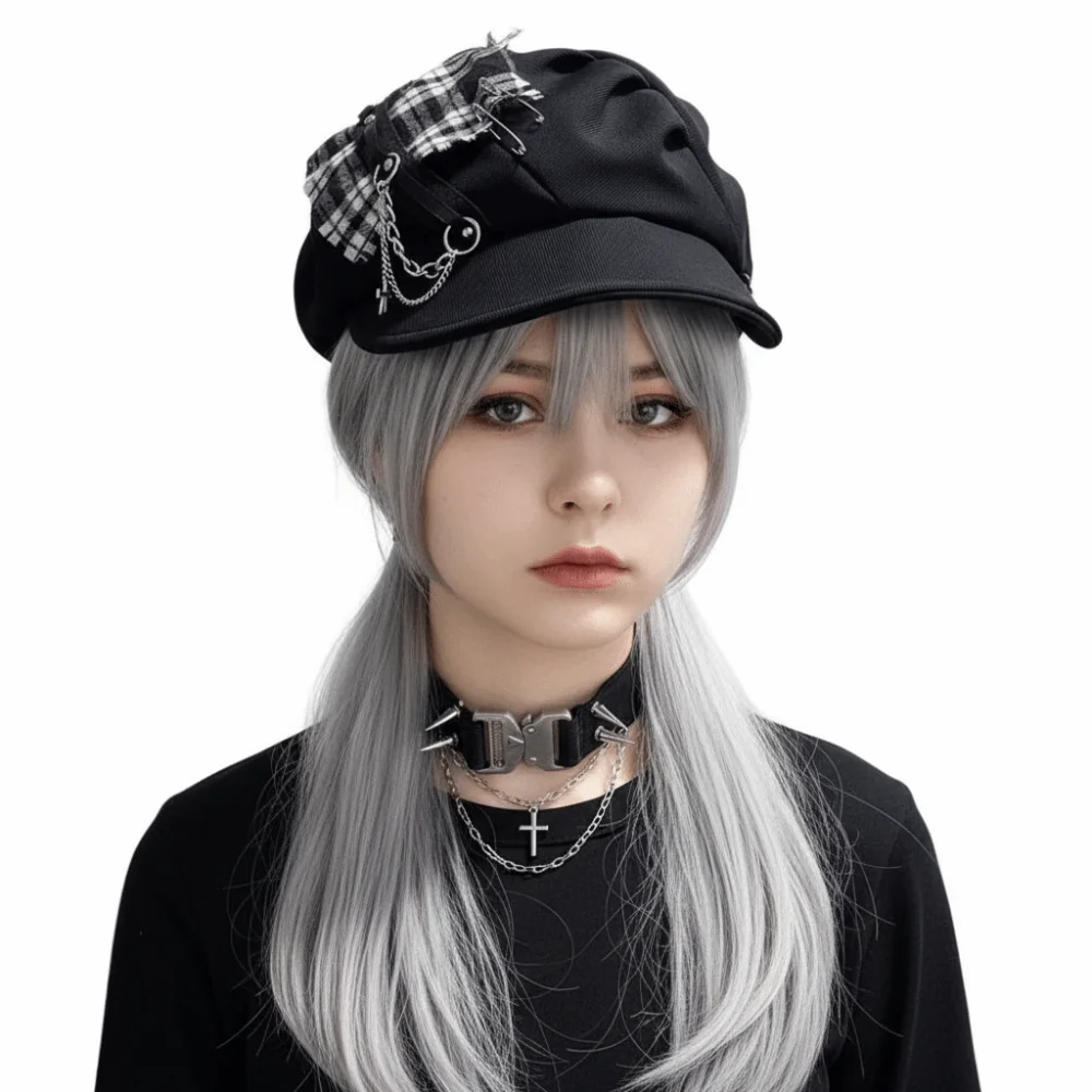 Dunkelkarierte Harajuku-Baskenmütze Spice Cross Freizeitkleidung Damen- und Herren-Baskenmützen Streetwear-Accessoires Coole Newsboy-Kappe – Detail 4
