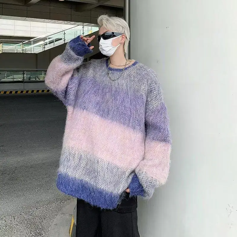 Autumn and winter loose lazy sweater men 2023 new minority purple round neck wool knitted top