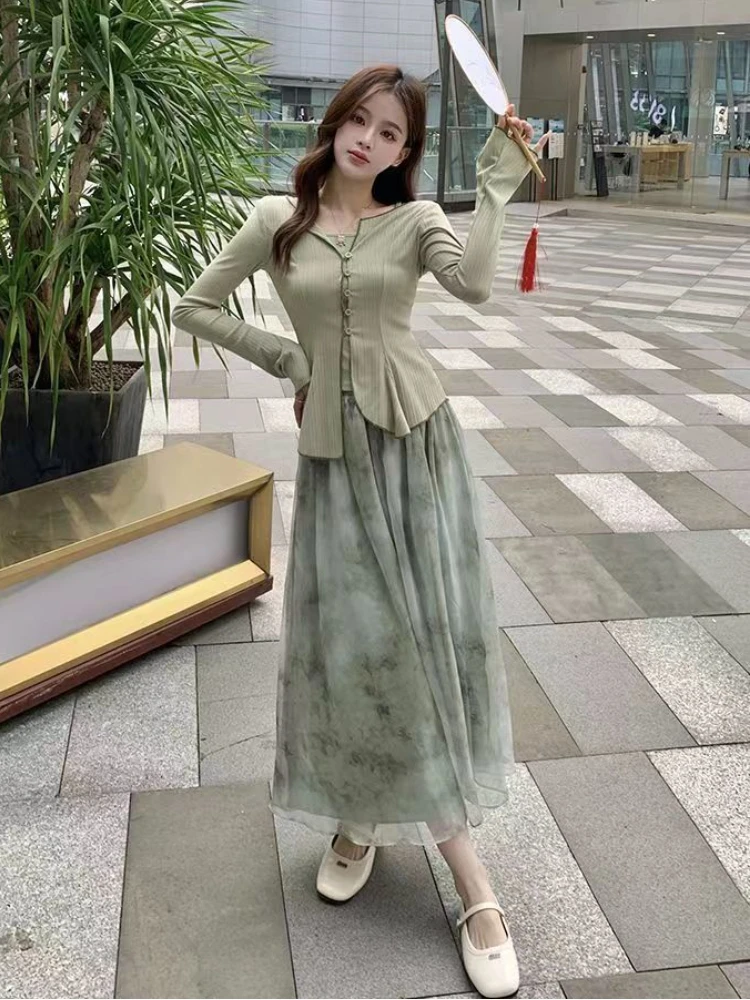 Chinese Style Skirt Sets Women Folds Simple Elegant Prevalent All-match Daily Leisure Creativity Basics Ladies Charming Young