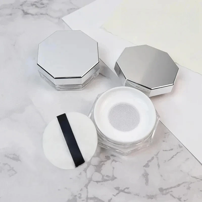 10g Empty Loose Powder Box with Sifter Cosmetic Container Silver Plastic Makeup Jar Compact Portable Travel Refillable 1PC