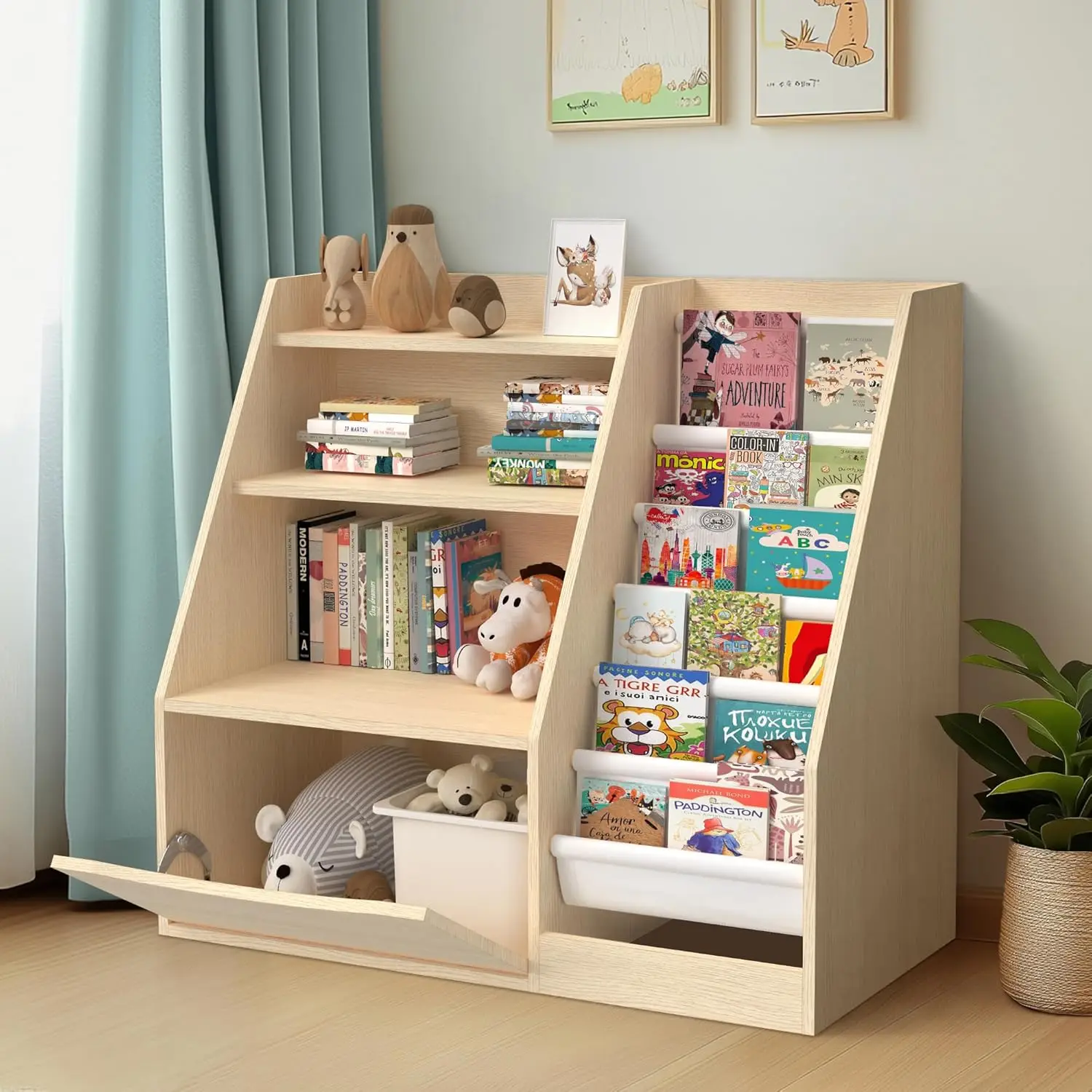 3 Tier Kids Bookshelf and Book Storage，6 Sling Toddler Bookshelf, Storage Boxes Book Shelf & Organizer for Nursery