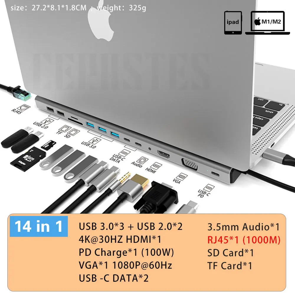 15 IN 1 USB C HUB Dock Station HUB USB 3.0 Type C To HDMI-compatible USB Splitter Adapter for Macbook Pro Air Laptop PC