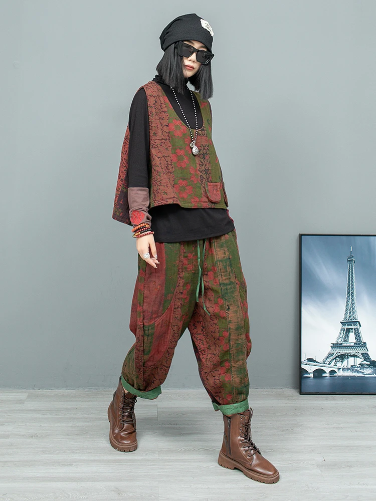 2024 Autumn Printed Vintage Cotton Linen Pant Set Short Vest Coat + Pants Two-piece Set Women ZF213