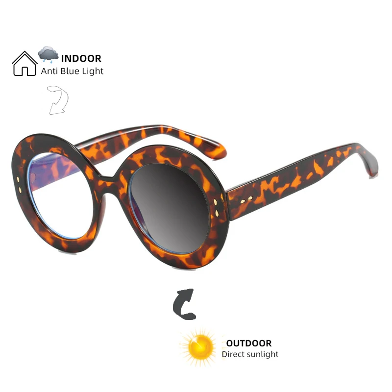 Retro Brand Design Round Thick Edge Leopard Large Femal Frame Photochromic Anti Blue Light Women Reading Glasses Degree 0~+600