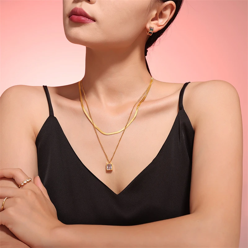 316L Stainless Steel New Fashion Fine Jewelry 2 Layer Geometry Embedded Zircon Charms Chain Choker Necklaces & Pendant For Women