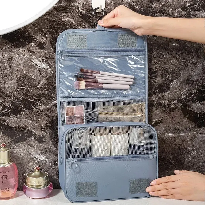 Borsa da toilette da viaggio portatile, borsa da appendere impermeabile, borsa per cosmetici con gancio per tasche in rete, accessori da viaggio,