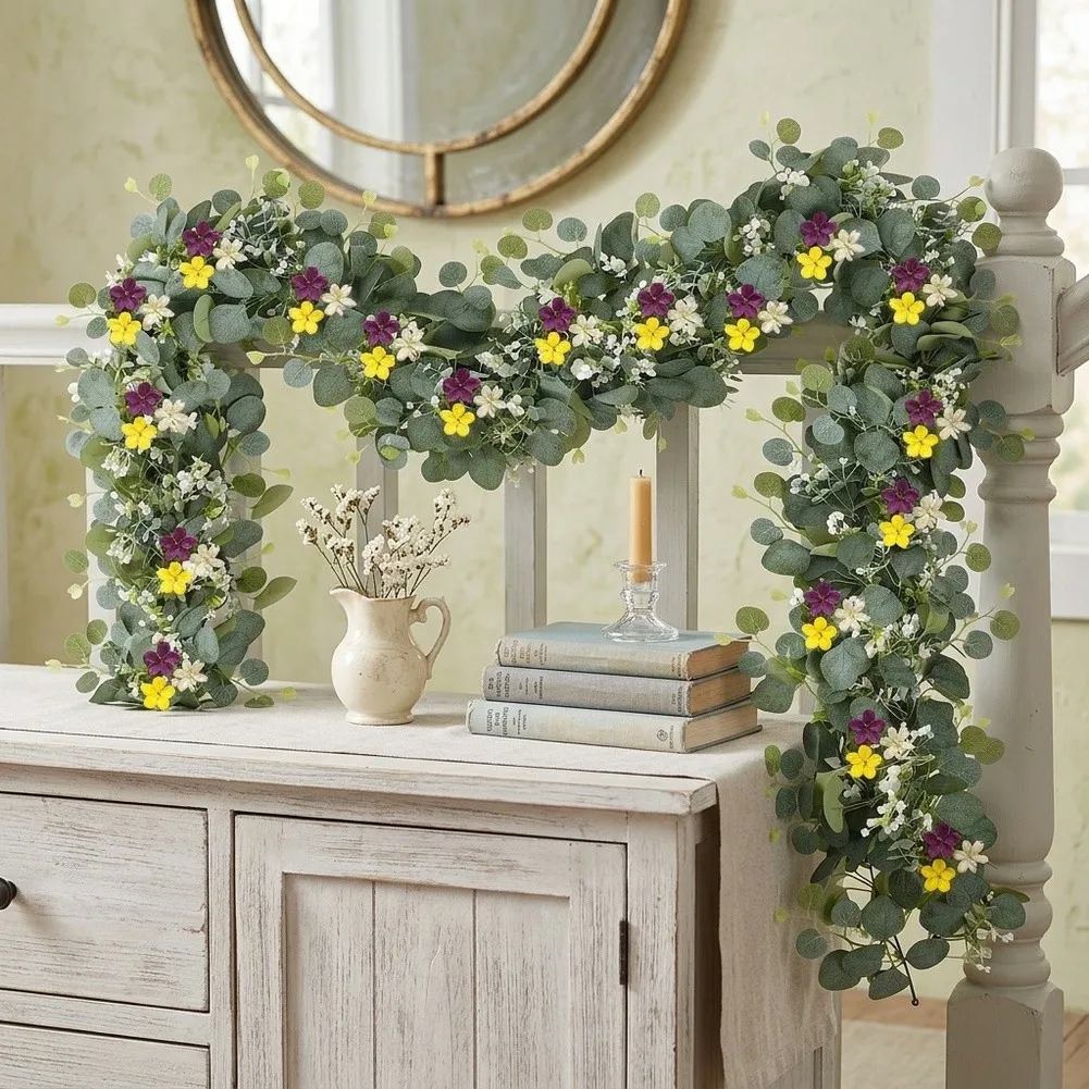 Artificial Eucalyptus Vine Garland with Red Berries 180 cm for Indoor Outdoor Decoration Banister Staircase Wall Arrangement
