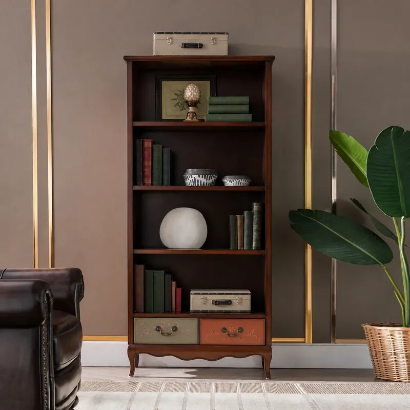 Solid Wood Bookcase with Drawers Retro Hand Painted Simple Multi Layer Cabinet Multi Functional Storage