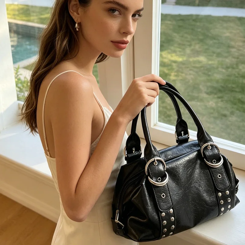 

Vintage 2026 Fashion New Metal American Style Soft Leather Boston Handbag Underarm PU Leather Women's Single Shoulder Bag