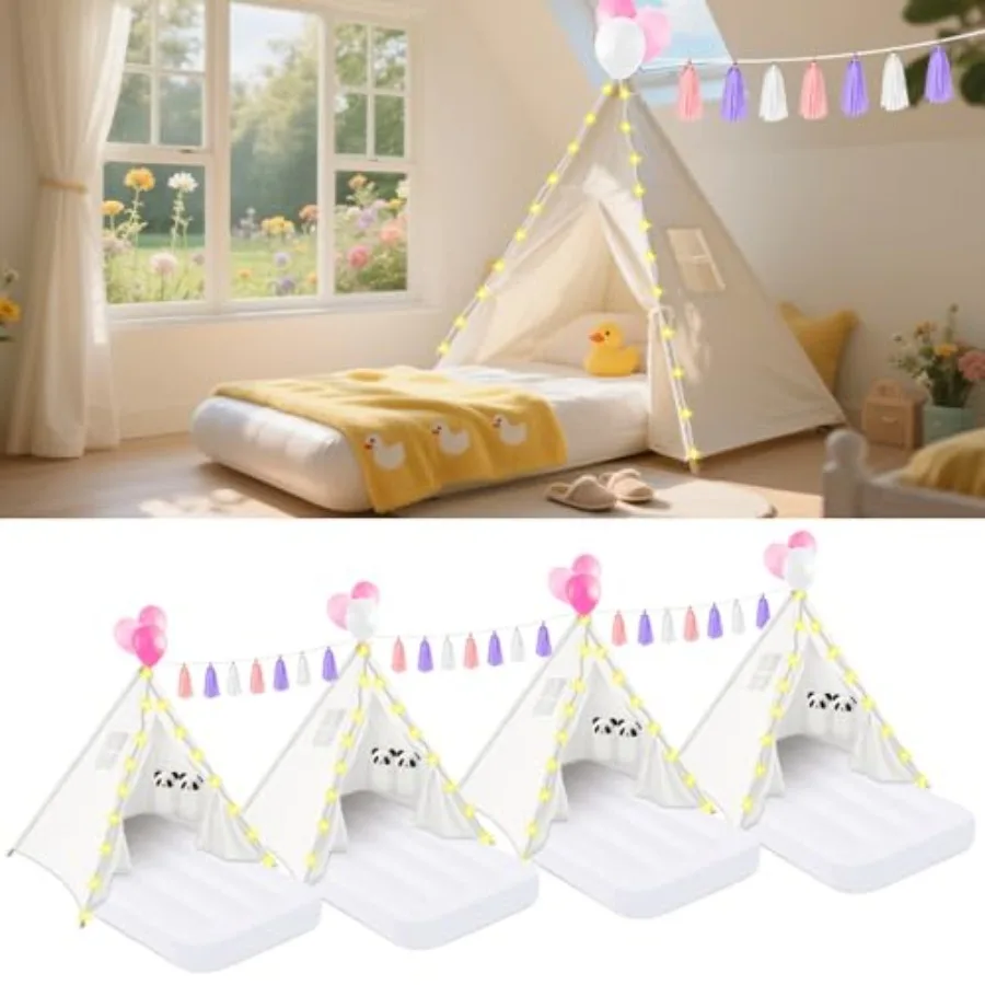 

4 Pack White Teepee Tent for Girls Indoor Slumber Party with Inflatable Airbed and Decorations Bulk Sleepover Tent Christmas Bi