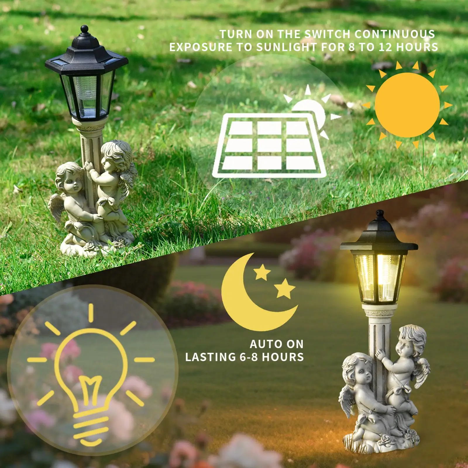 Solar Figurine Garden Child Statue with Post Lamp Waterproof Resin Lawn Ornament for Porch and Patio