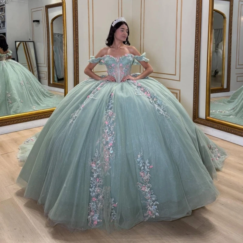 

Мятно-зеленые блестящие платья Quinceanera с открытыми плечами и аппликацией, кружевное тюлевое платье с бисером для вечеринки, дня рождения, сладкое платье 16, Vestidos 15 De