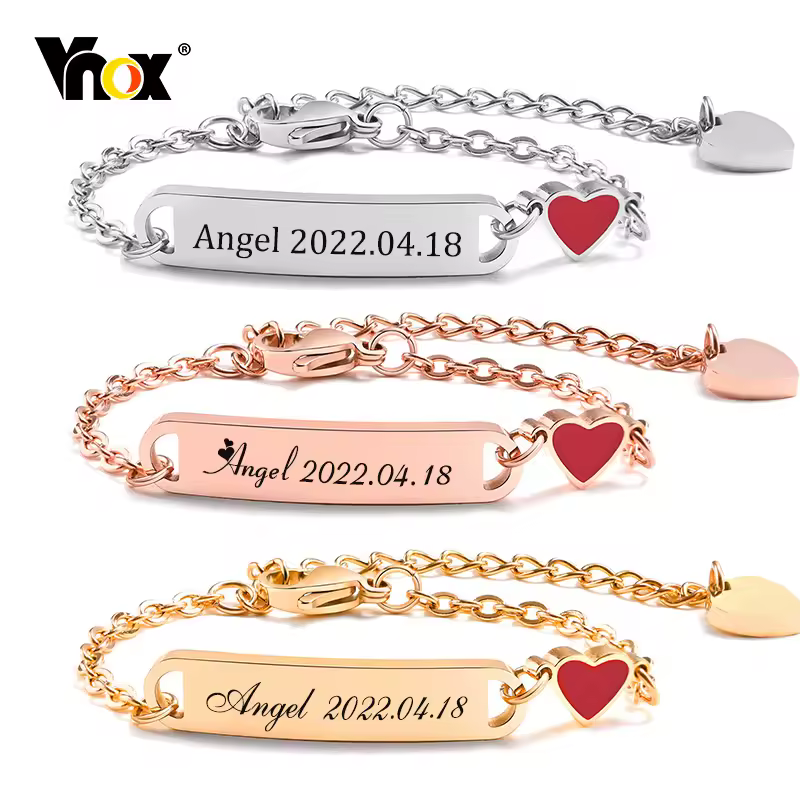 שרשרת תינוקות עם שם אישי Vnox, לא אלרגנית, שרשרת מתכת נירוסטה עם קישור לב, מתנות מותאמות אישית לבנות ולבנים