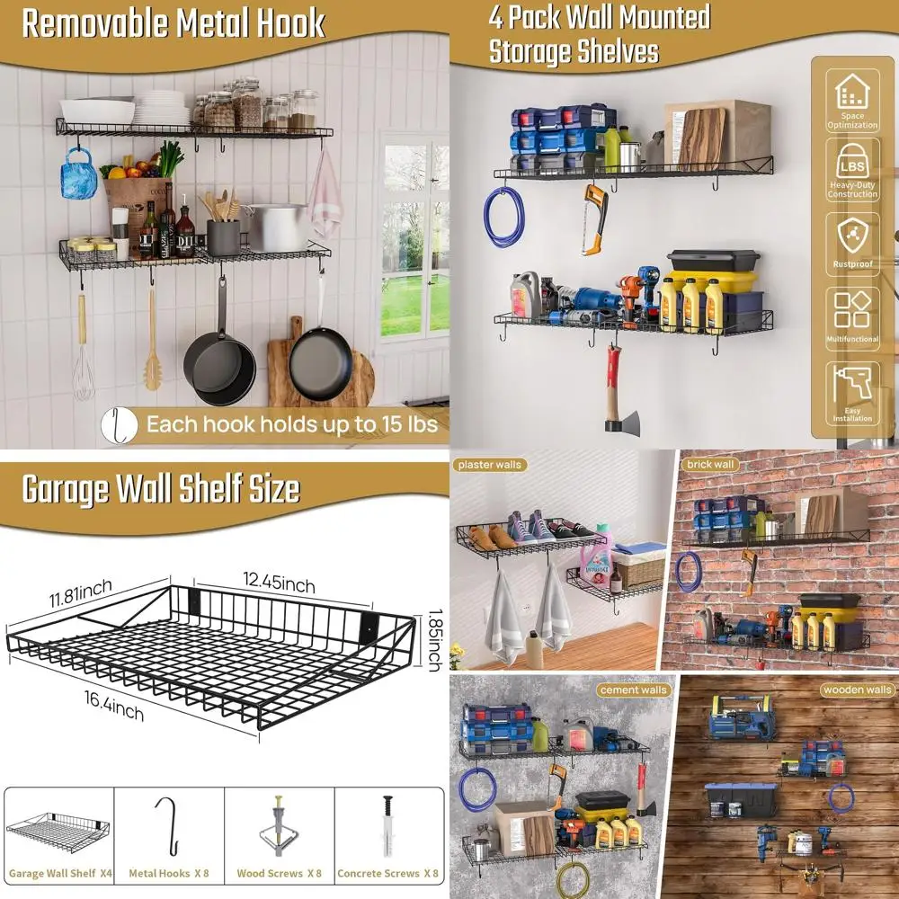 

Прочная 4-ярусная гаражная настенная полка с крючками, вмещает 180 фунтов, черная сетчатая полка для хранения для дома и офиса