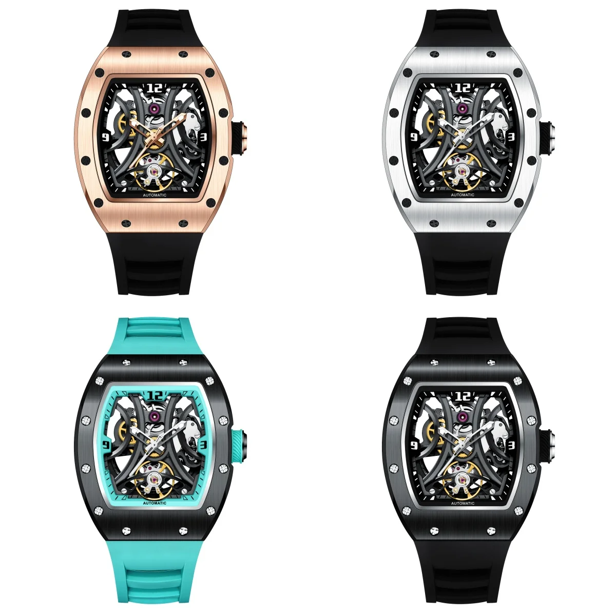 2025 New Model Automatic Wristwatch Men Silicone Strap Waterproof Sport Mechanical Watch with Tonneau Dial