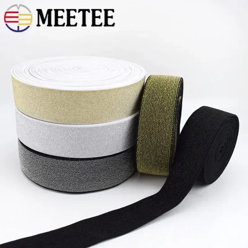 2/5/10Meters Meetee 10-50mm Gold Silver Silk Elastique Band Glitter Rubber Webbing DIY Waistband Dress Belt Sewing Accessories