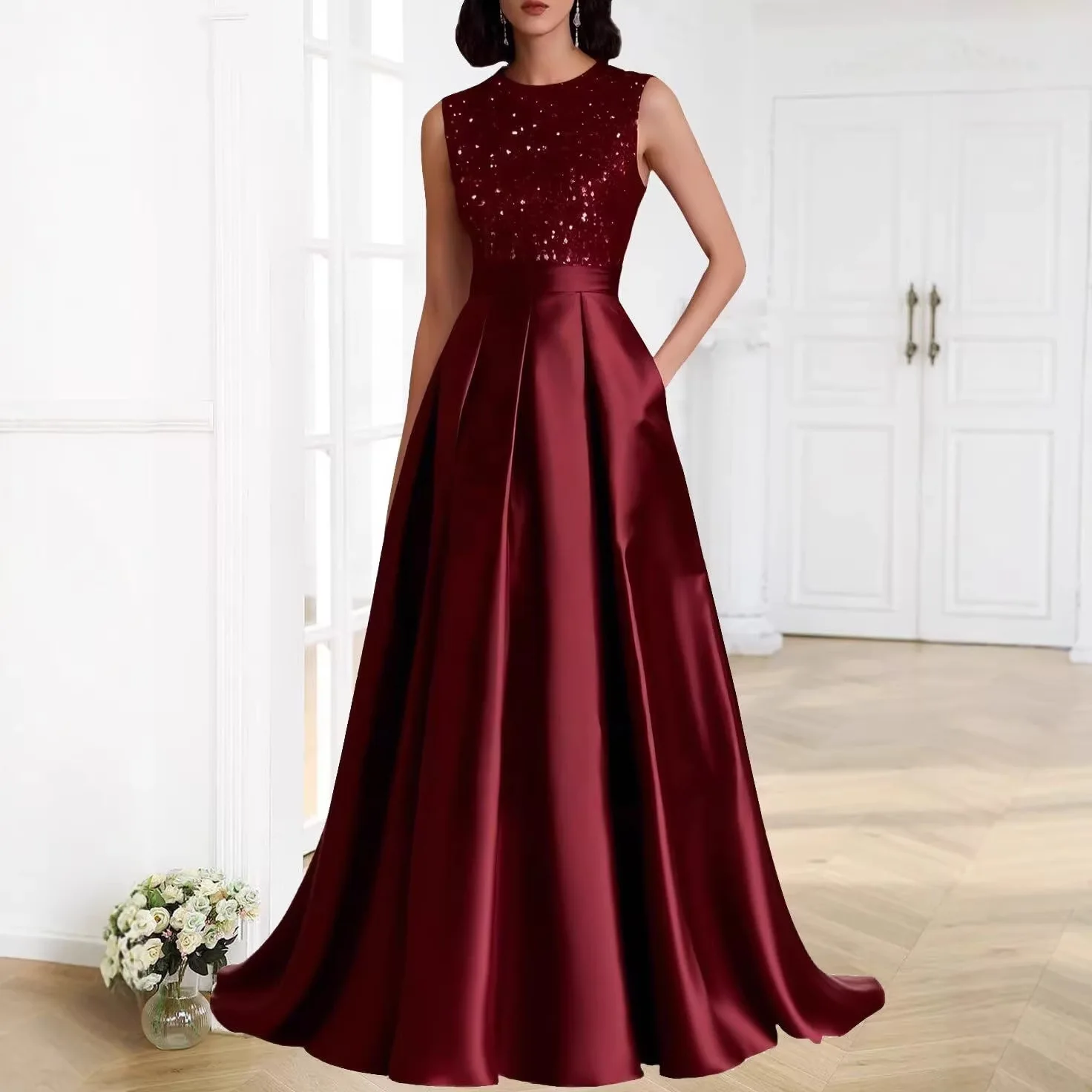 Gaun Malam Satin Tanpa Lengan Berkerah Bulat dengan Payet, Model A-Line Panjang hingga Lantai, Dilengkapi Kantong, untuk Acara Formal, Prom, dan Pesta Pernikahan
