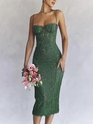 Suninbox Elegant Vintage Green Lace Midi Birthday Party Dresses Luxury Spaghetti Strap Evening Cocktail Dress Women 2022 Summer