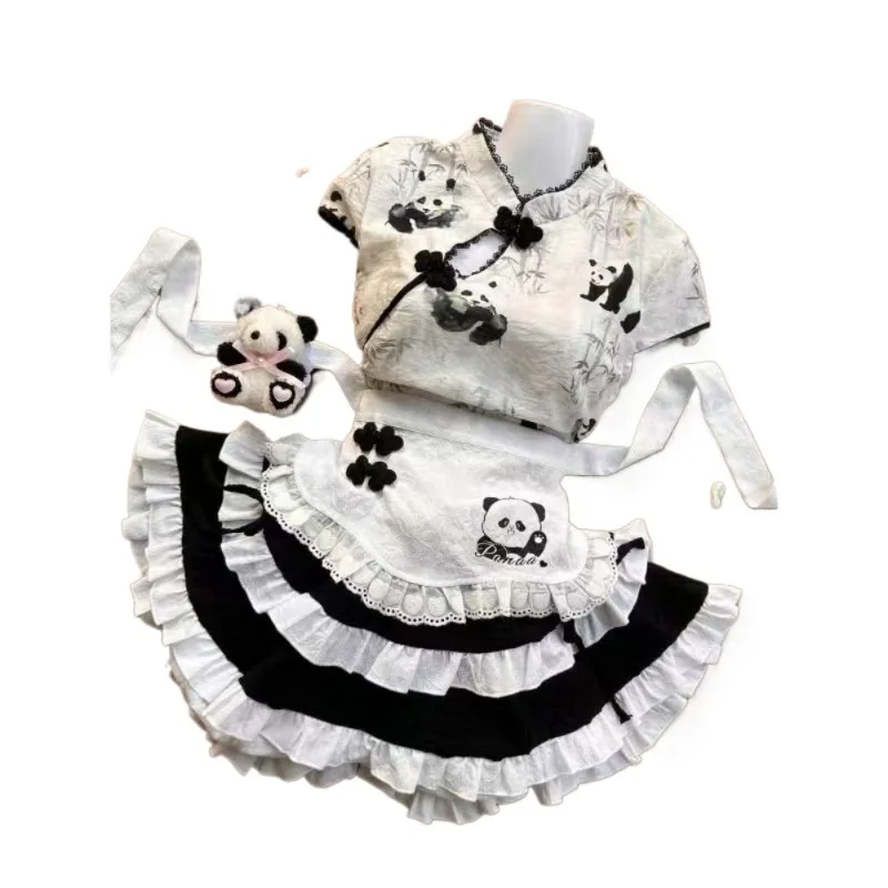 Chinese Lolita Dress Vintage Sweet Kawaii Assymmetrical Qipao Top + Ruffles Skirt + White Apron Cute Lolita Style Clothing