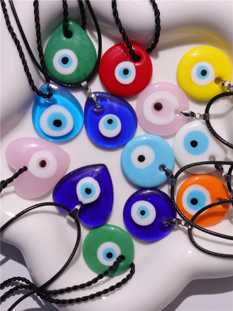 Water Droplet Heart Star Round Glass Colorful Evil Eye Pendant Necklace for Women Men Party Couple Jewelry Gift  2023 NEW