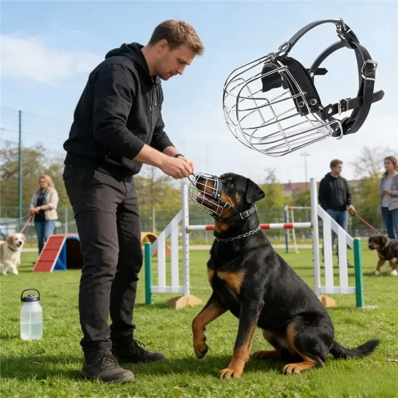 Iron Cage Dog Muzzle Anti Ingestion For Rottweiler French Bulldog Large Breed, Adjustable Breathable Metal Basket Muzzle