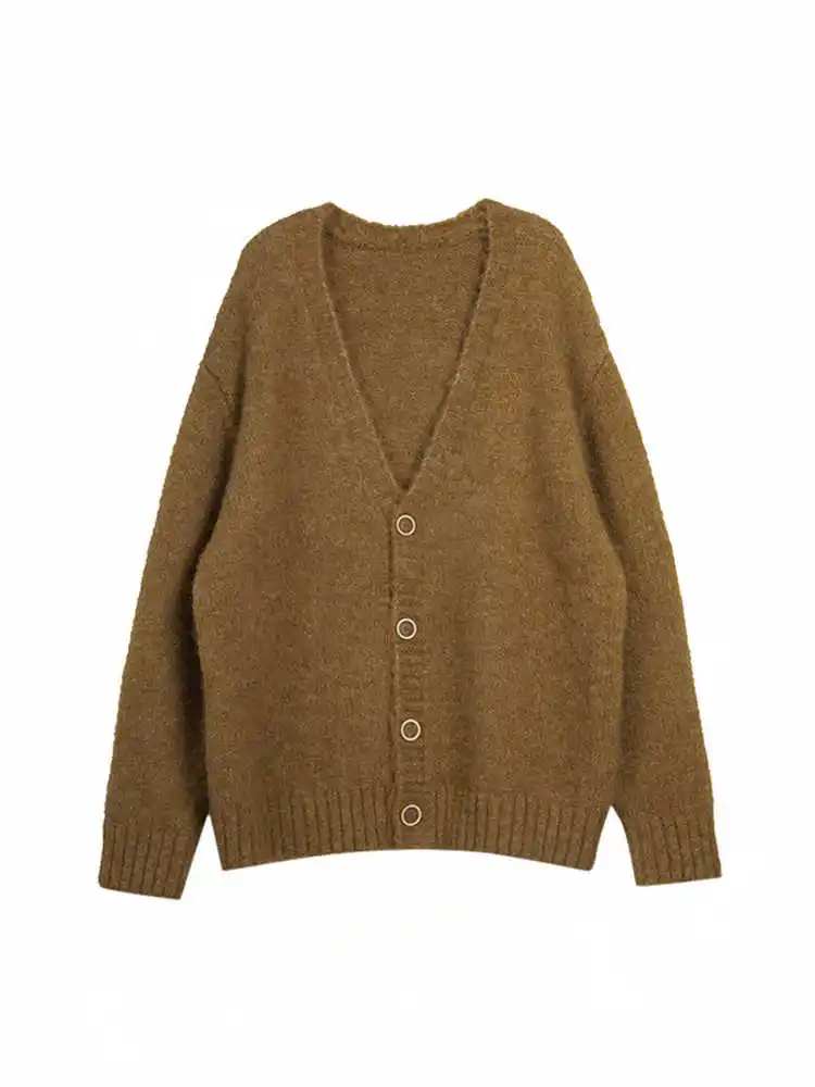 French Retro Knitted Cardigan Women'S Autumn And Winter Lazy Style Loose V-Neck Soft And Sticky Medium Long Sweater Jacket