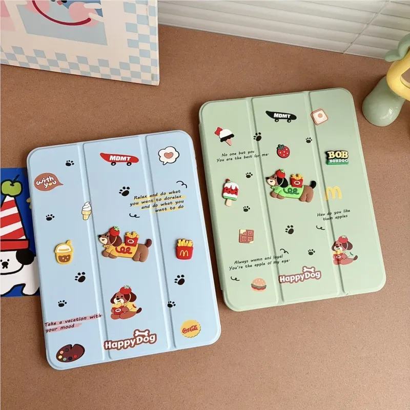 Cute Happy Dog Cartoon Tablet Case Trifold Stand for iPad 7th 8th 9th 10th Air 4 5 10.2 10.5 10.9inch A16 A19 M3 M4 2026 Cover