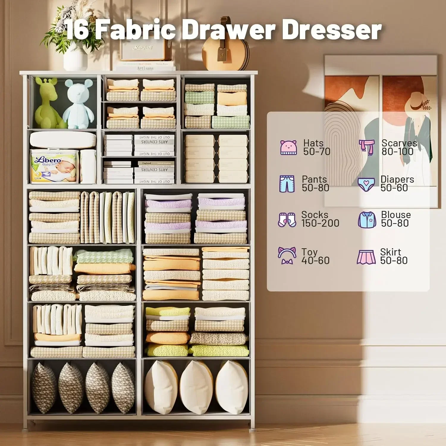 خزانة طويلة لغرفة النوم، 16 درجًا وخزائن ذات أدراج، وخزانة غرفة نوم من القماش مع سطح خشبي، وإطار معدني، وبرج تخزين