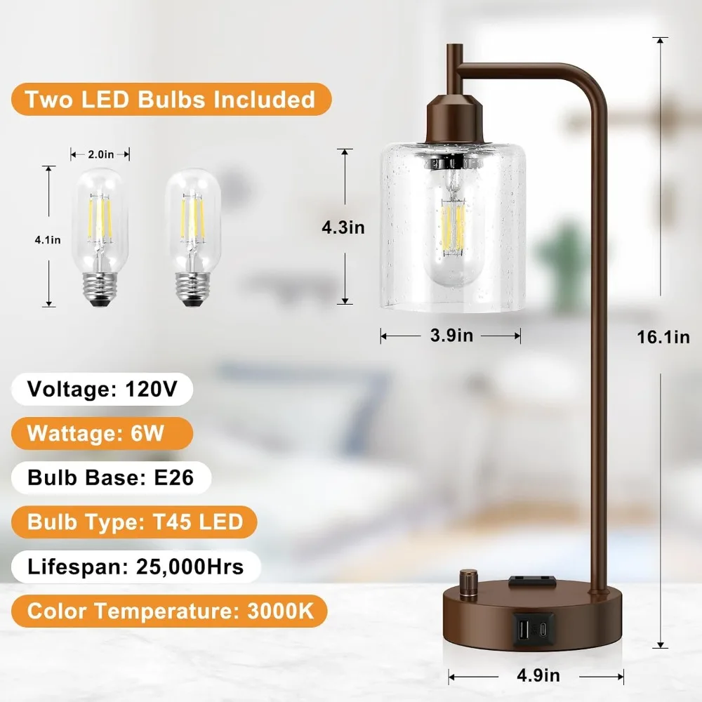 Industrial Table Lamps Set of 2 - Dimmable Bedside Lamps with USB & Outlet, Brown Nightstand Lights for Living Room, Office Reading view 6