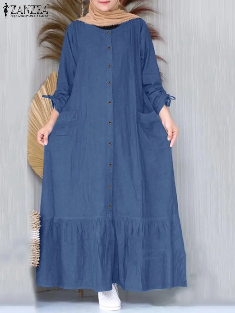 Lente Maxi Jurk Zanzea Moslim Hijab Zomerjurk Vrouwen Vintage Lange Mouw Denim Blauwe Vestidos Aabya Isiamic Gewaad Casual Kaftan