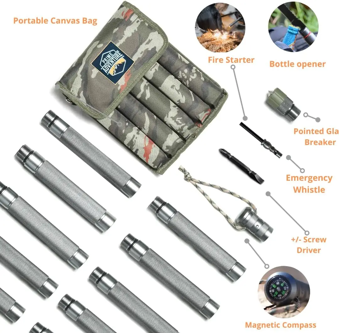 Tactical Stick Walking Staff - Outdoor Multitool Gear Trekking Pole Collapsible Retractable Premium 15 in 1 | 8 Tubes