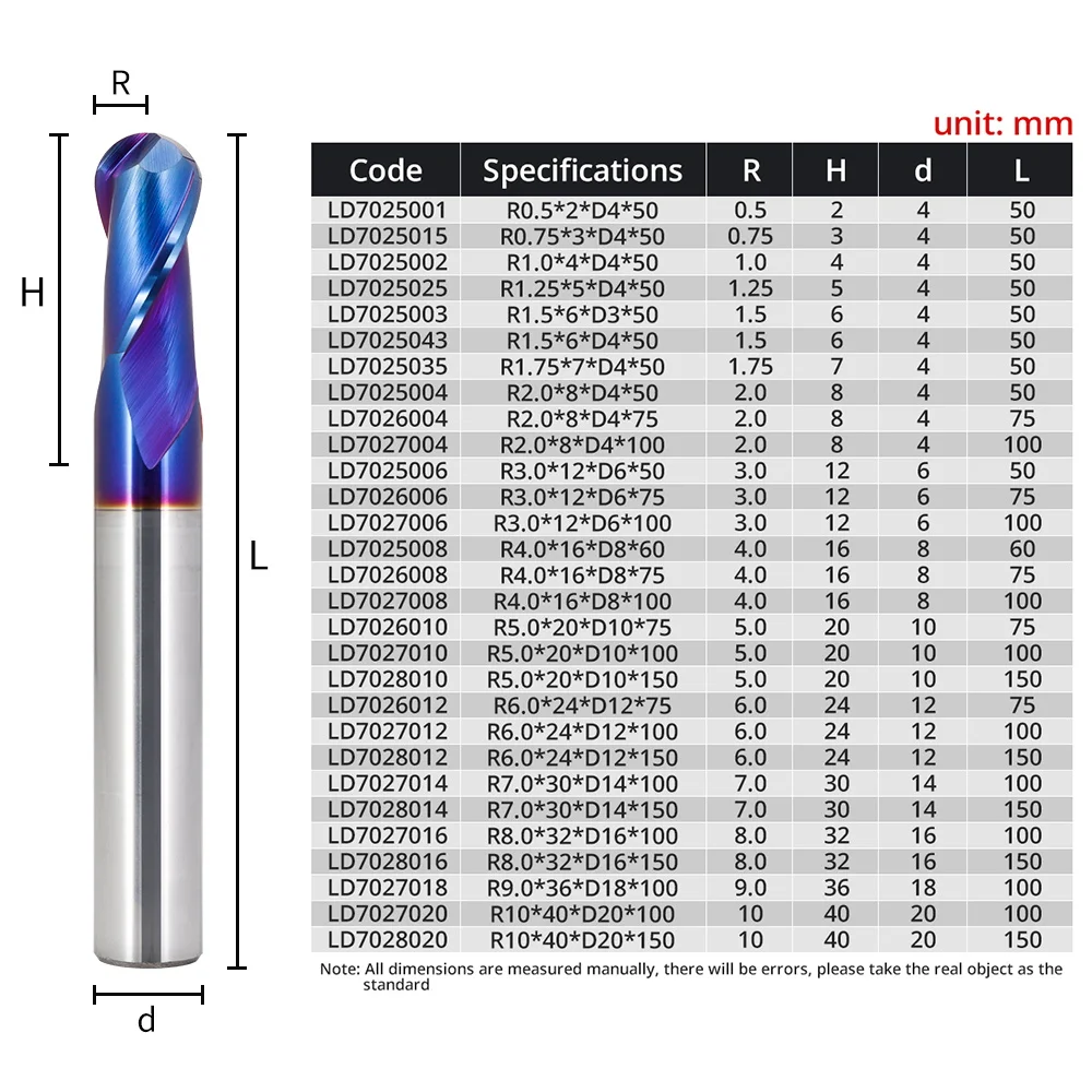 HRC55/65 Ball Nose Milling Cutter 2Flutes Carbide End Mill Radius R0.5-R10 CNC Milling Tools Spiral Router Bit for Metal Steels