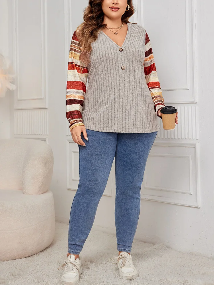 Gibsie Plus Size Fashion V-Hals Knoop Voorkant Rib-Gebreide T-Shirt Vrouwen Herfst Nieuwe Gestreepte Lange Mouw Dames Casual Tops T-Shirts