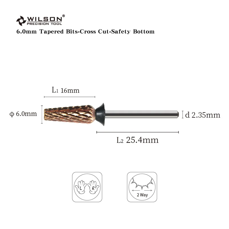 WILSON-brocas cónicas de 6,0mm, corte cruzado, seguridad inferior, brocas para uñas, herramienta de manicura de gel, accesorios para uñas, gran oferta