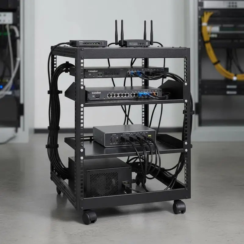 12U Open-Frame-Serverrack, tiefenverstellbar von 58,5-101,6 cm, freistehendes/wandmontiertes Netzwerk-Serverrack, 4-Säulen-AV-Rack mit Rollen für alle Ihre Netzwerk-IT-Geräte und AV-Ausrüstung