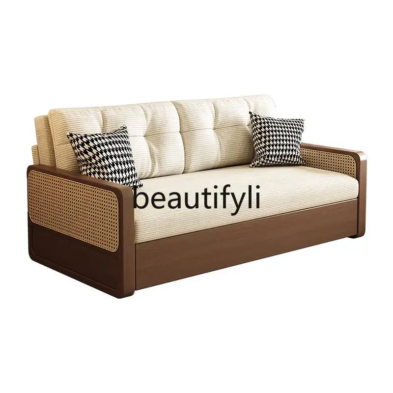 Solid wood sofa multi-functional folding storage push-pull bed