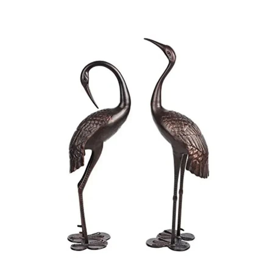 Cast aluminum cranes for yard garden sculpture pair: upright and preening standing crane heron couple, bronze finish, weather-r