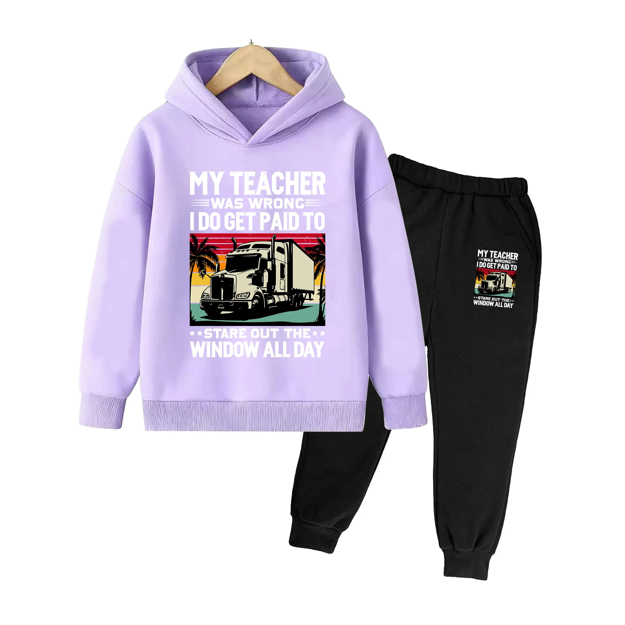 Kids' Hoodie & Sweatpants Set, Retro Tropical Truck Print, Casual Outfit for Boys & Girls, Beach & Daily Wear