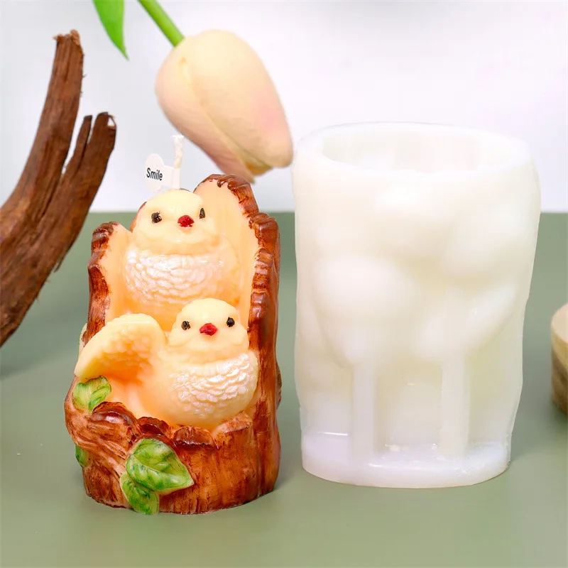 

2pcs Tree Stump Silicone Mold with Sparrow for DIY Scented Candles & Plaster Decor