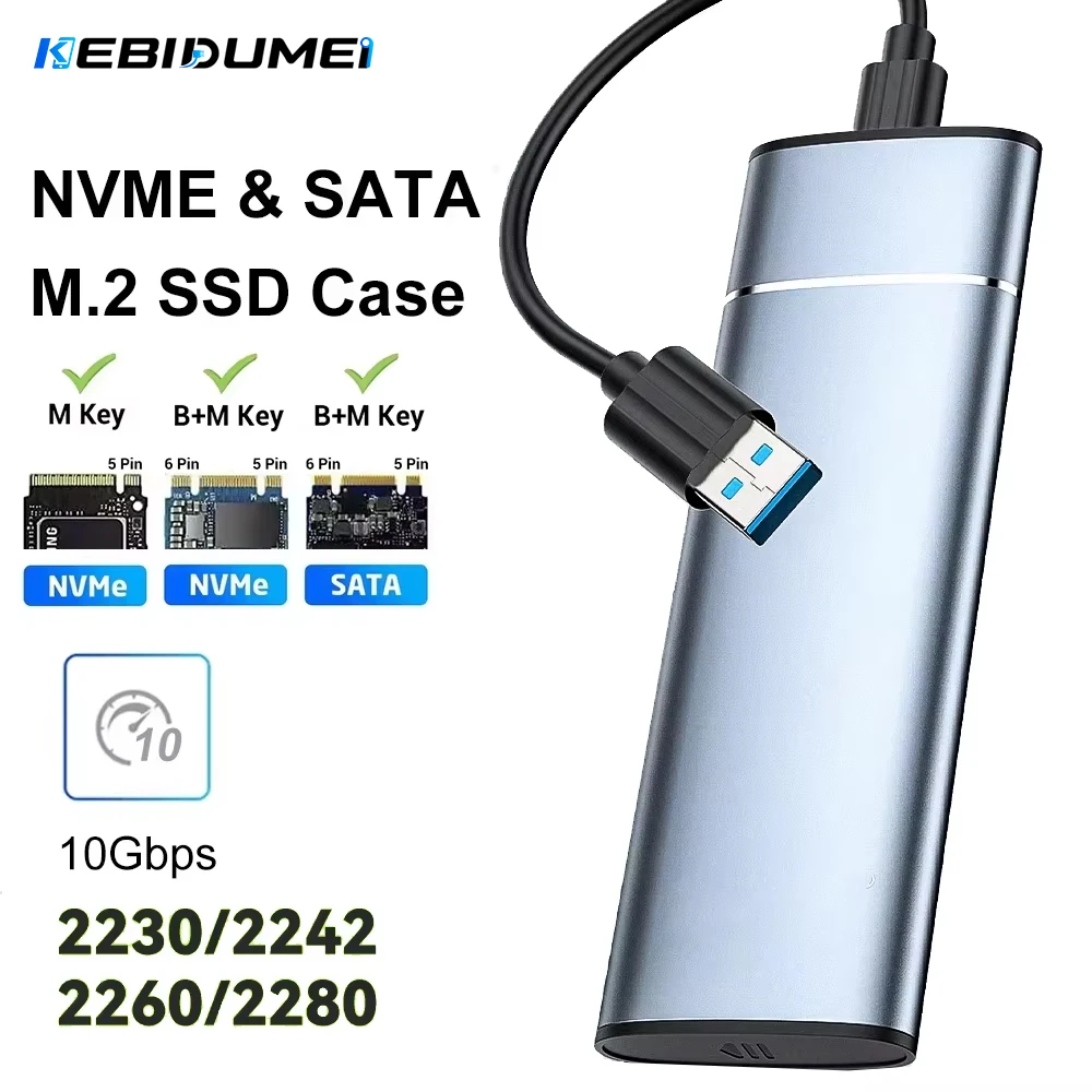 KEBIDUMEI M.2SSD Enclosure Aluminum Alloy10Gbps External SSD Case Heat Dissipation Hard Disk Box ToolFree Support NVMe SATA NGFF