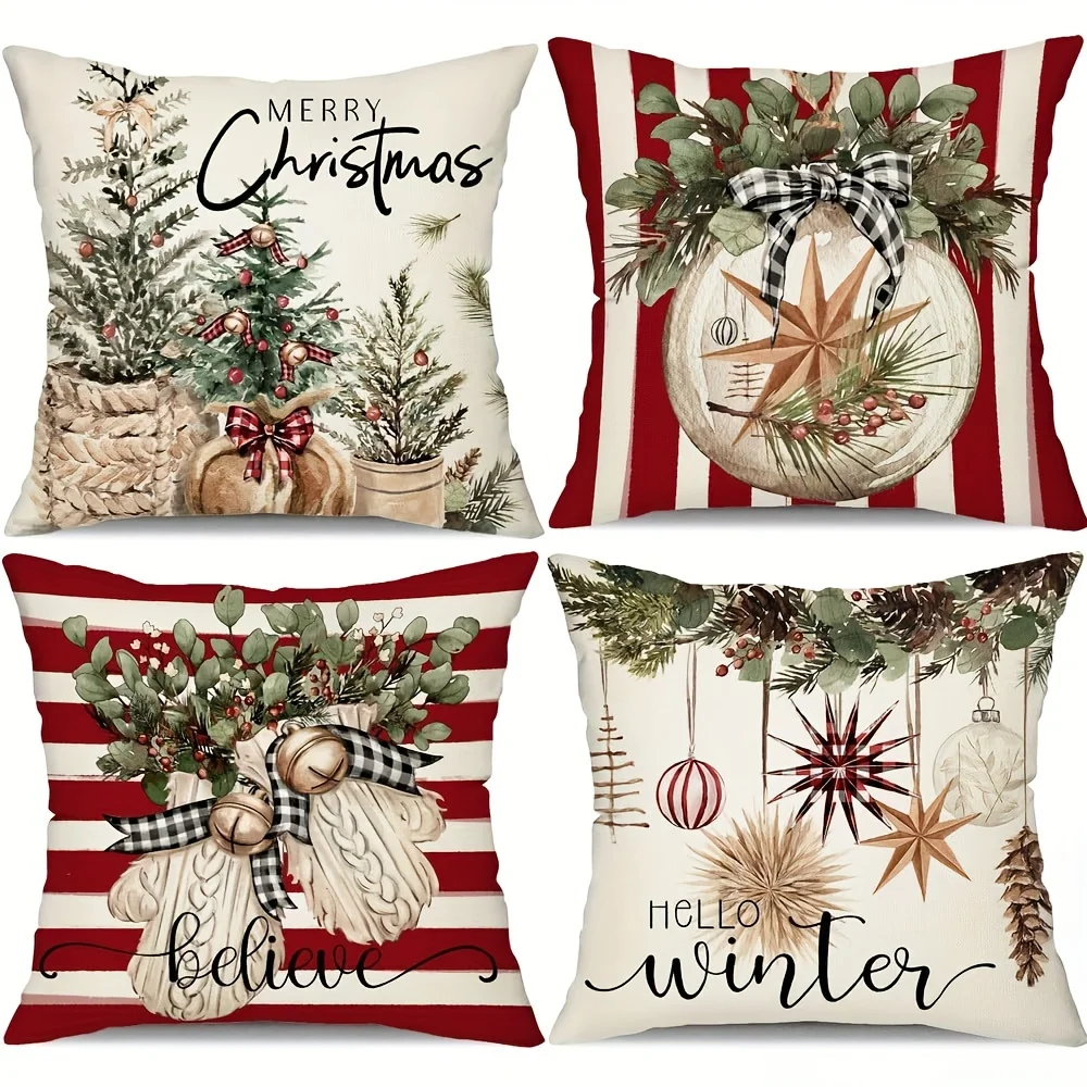 4 Stück Leinen Weihnachtsbaum Kissenbezüge Weihnachtsgeschenk Wohnzimmer Sofa Schlafzimmer Reißverschluss Kissenbezug ohne Kissenkern