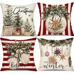 4pcs Linen Christmas Tree Pillowcases Christmas Gift Living Room Sofa Bedroom Zipper Pillow Case Without Pillow Core