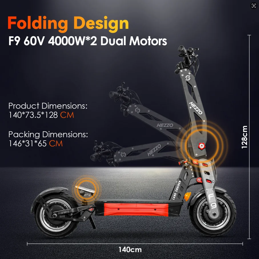 HEZZO 60v 8000w elektrische scooter F9 40ah lithiumbatterij Dubbele motor US Warehouse NFC Off-Road Escooter 12 ''Fat Tire 62.5MPH LCD